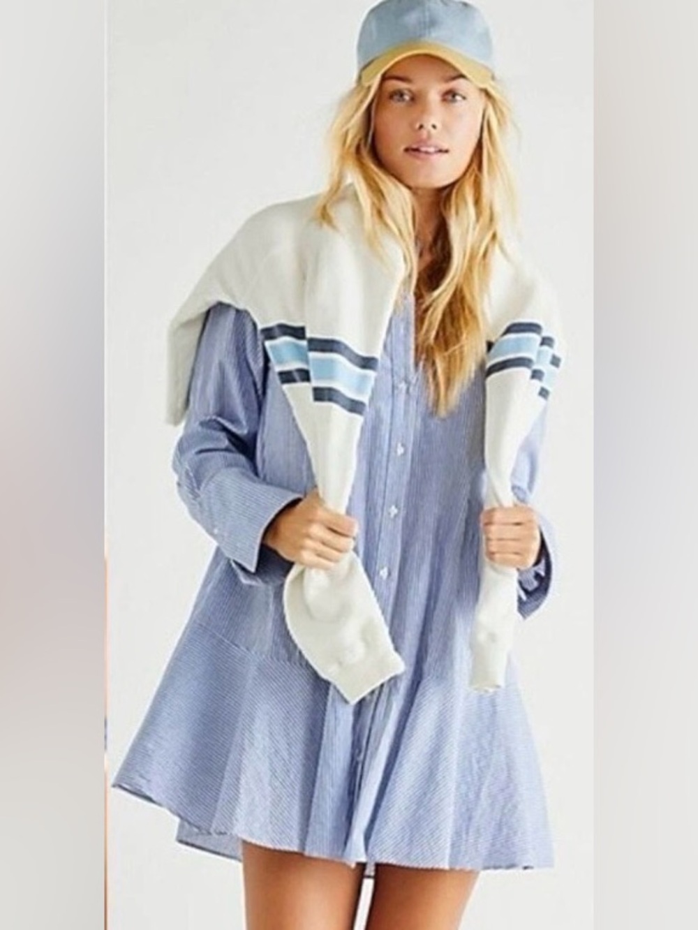 FREE PEOPLE All For You Blue Striped Cotton Button Down Mini Shirt Dress Size S